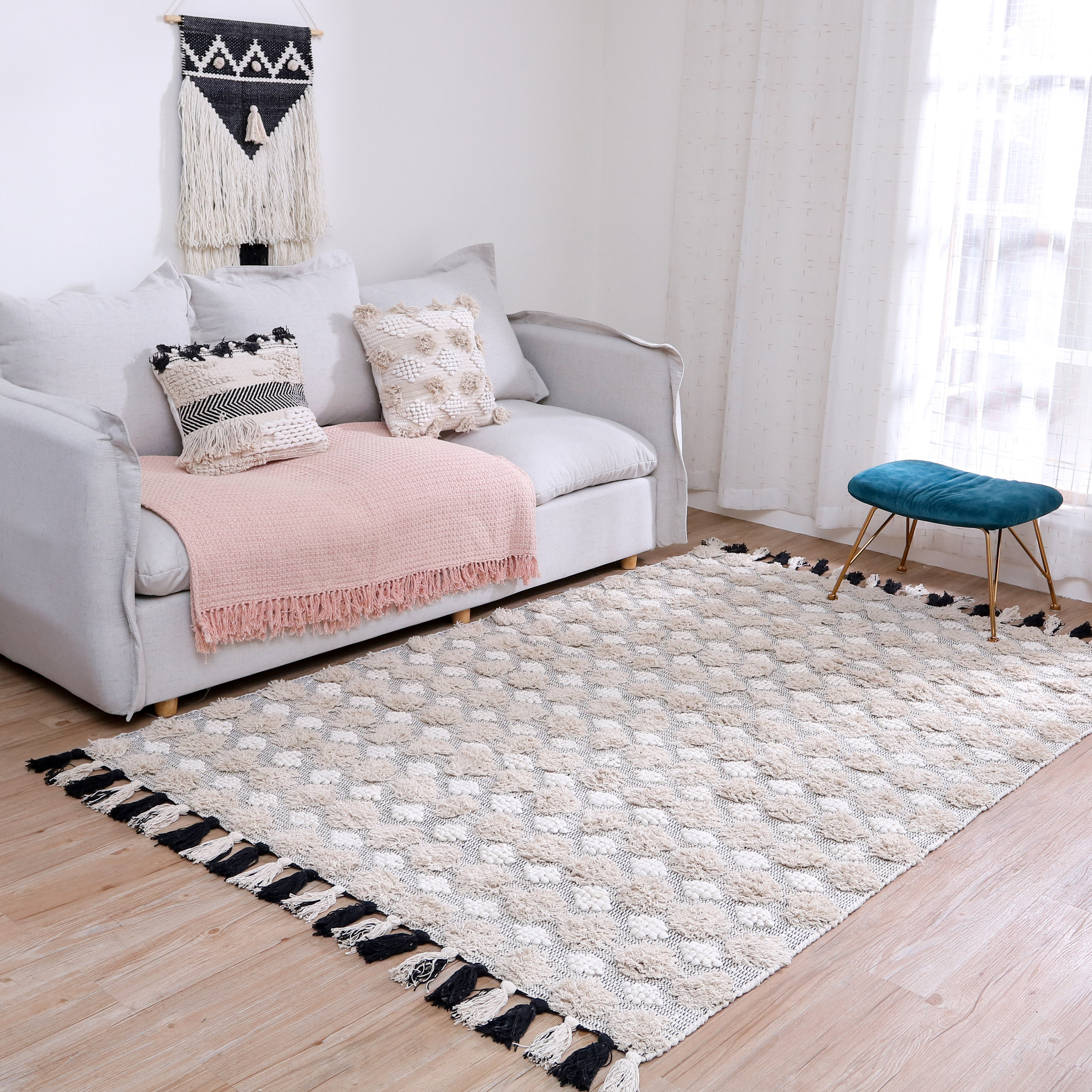 地毯印度手工纯棉编织黑白摩洛哥床边长条可机地毯