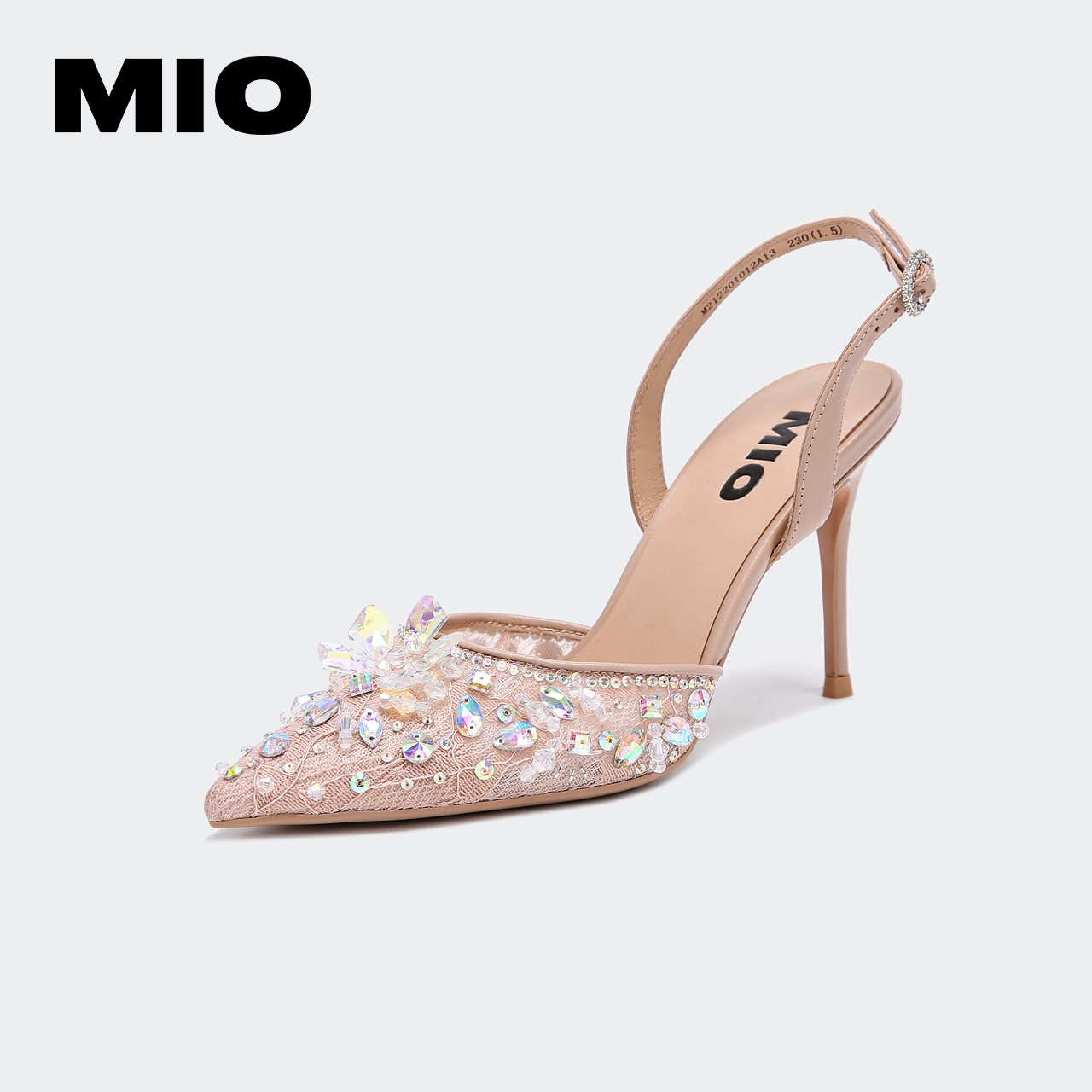 mio米奥女鞋春夏甜美风水水晶蕾丝丝网一字时装凉鞋
