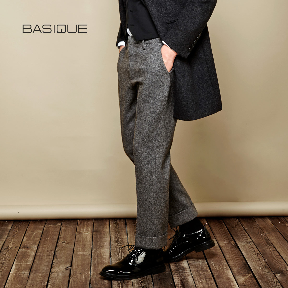 元本秋冬款毛呢九分西裤男宽松小脚翻边直筒厚款男士羊毛呢西裤