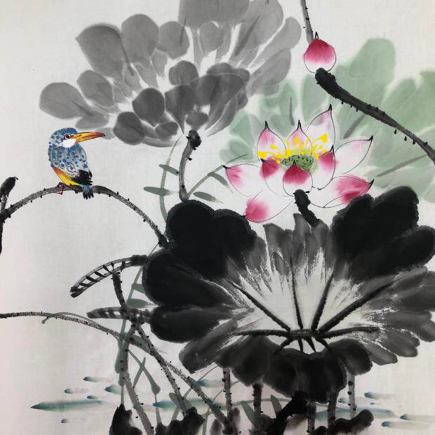 荷花翠鸟三尺斗方手绘写意花鸟画国画字画卧室国画