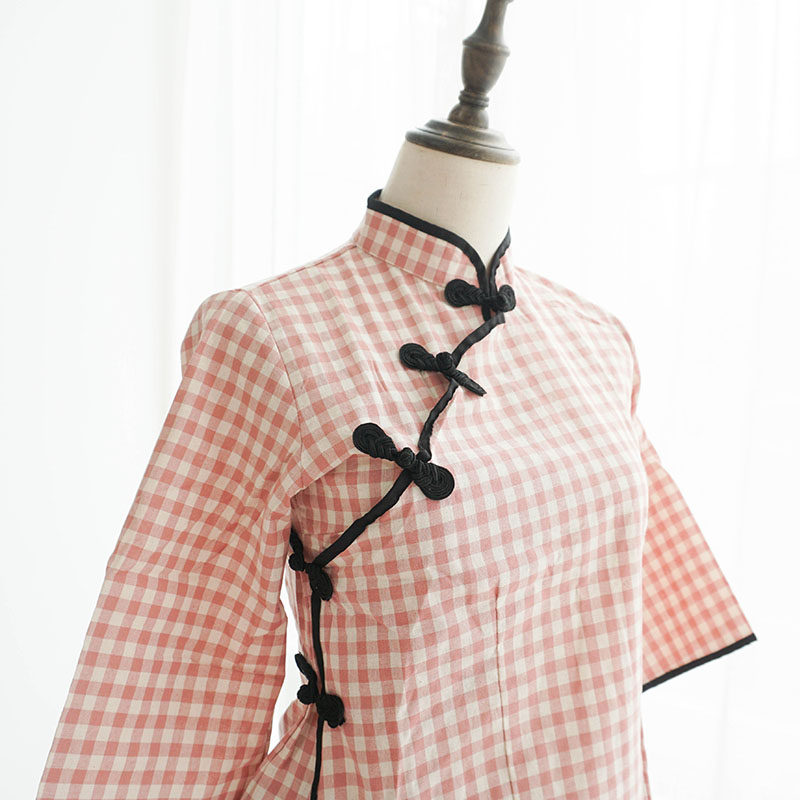 茶小居家内衣格子民国学生装七分棉麻睡衣