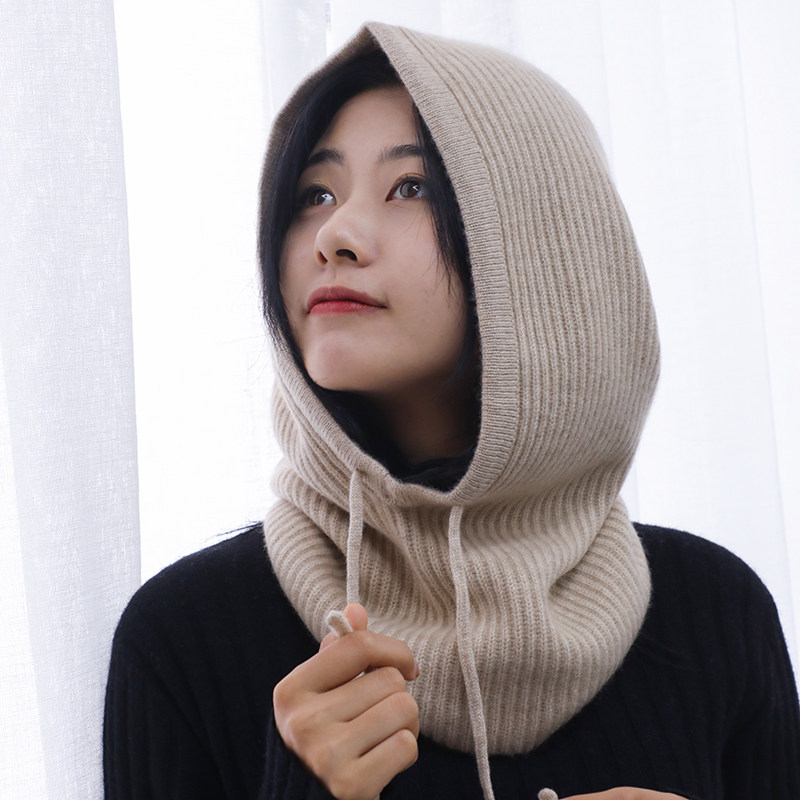 owool秋冬新品保暖舒适百搭抽条针织多功能羊绒帽子脖套帽连脖帽