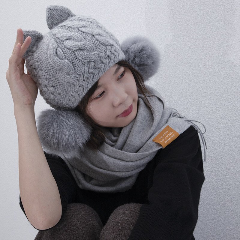 owool秋冬新品优质山羊绒手工钩织护耳保暖可爱帽子