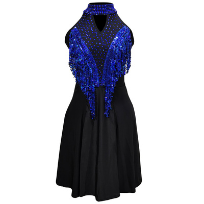 表演儿童服装女童黑色比赛镶钻花服拉丁舞演出服