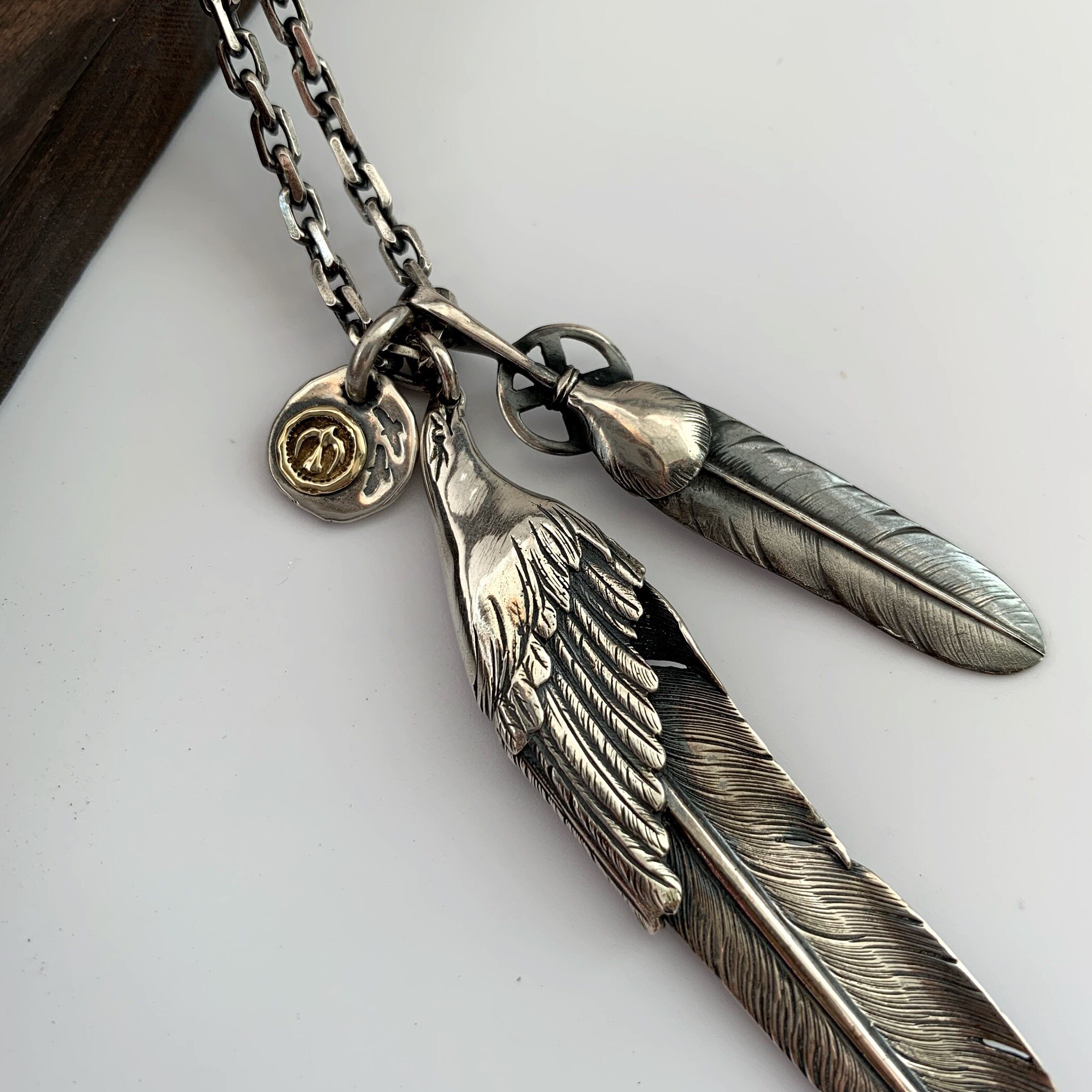 不同银匠 原创日本925纯银飞鹰头羽毛吊坠印第安朋克泰银男长项链