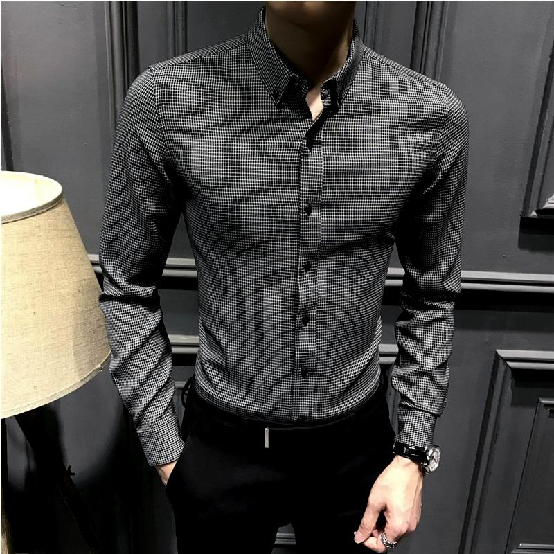 新款休闲修身格子C衫男长袖韩版免烫千鸟格衬Y秋装衣服无领带夹