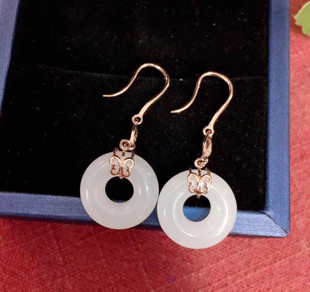 秋季新款休闲复古风平安扣耳环新疆和田白玉羊脂玉镶嵌18k玫瑰金