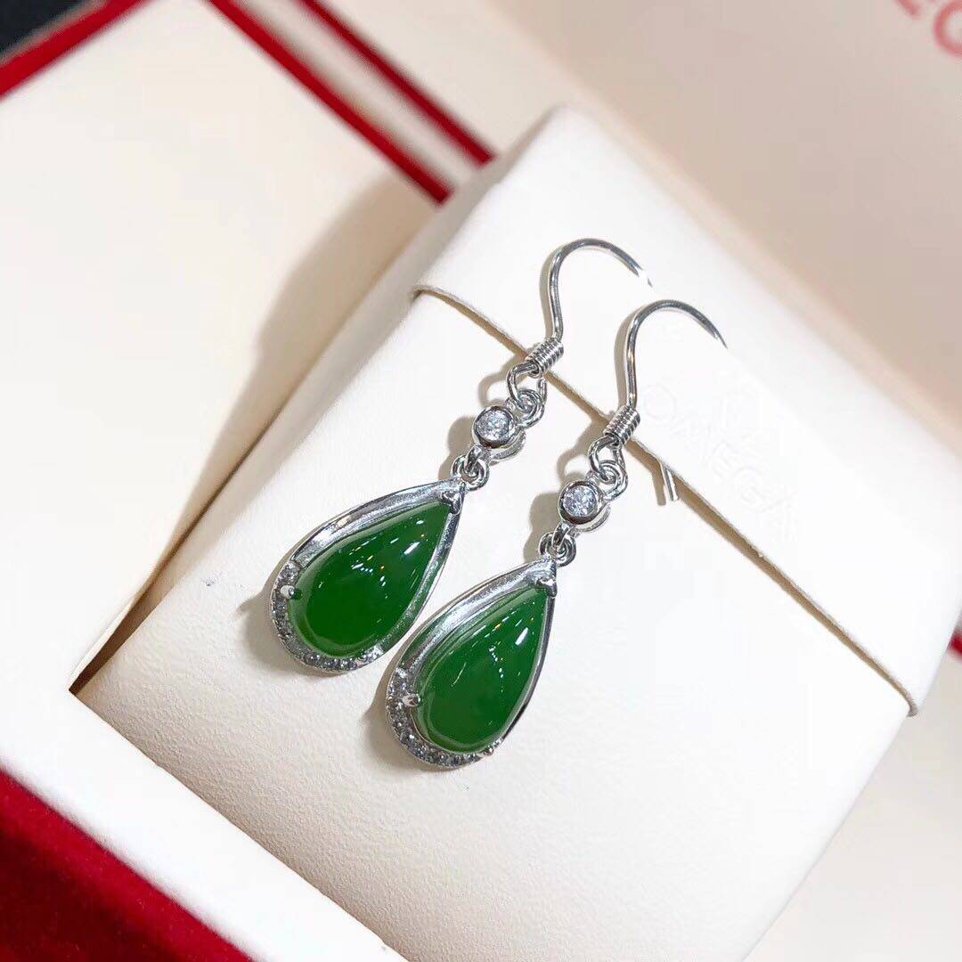 天然和田玉925纯银镶玉碧玉女款水滴玉石耳坠耳饰品耳链耳线耳环