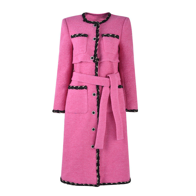 轻奢设计复古粉色亮片毛呢大衣秋冬新款加厚毛呢外套