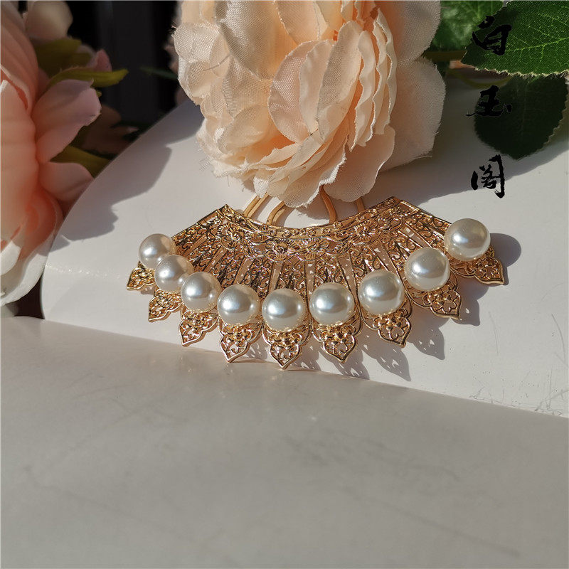 古风汉服配饰珍珠后压扇形发梳流苏发簪宋明制发饰百搭步摇简约女