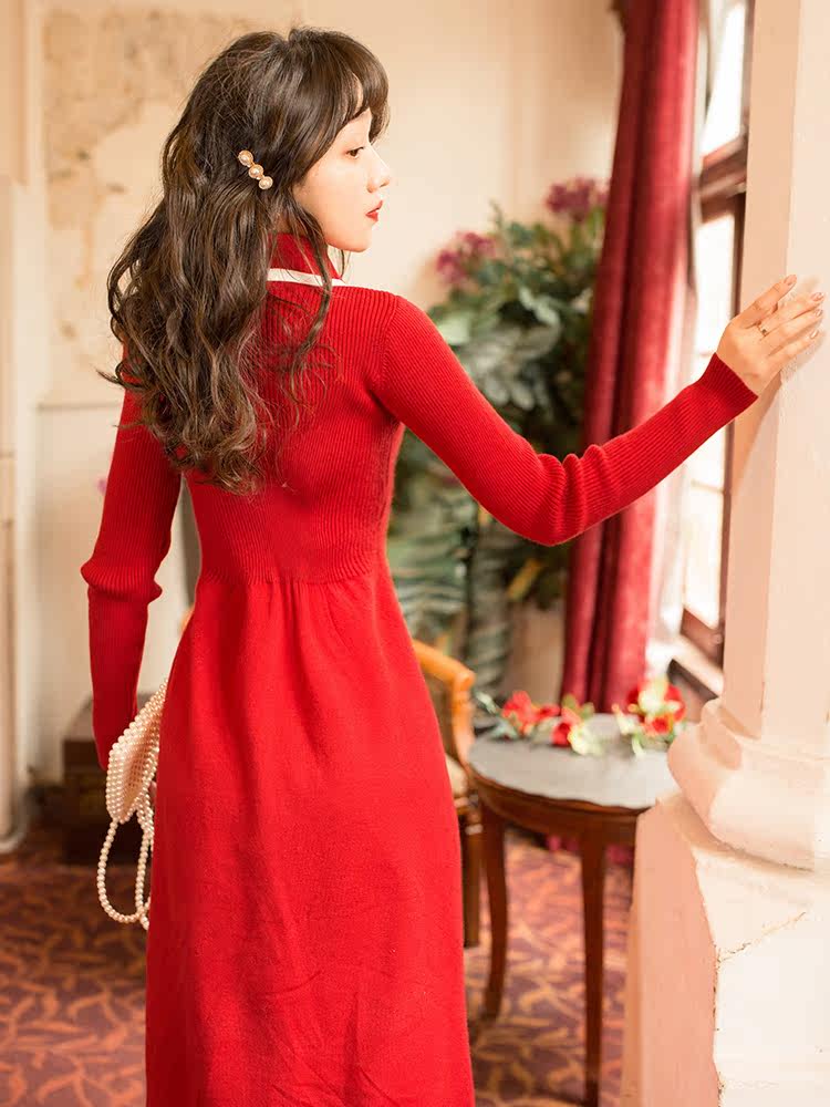 红色法式复古改良旗袍针织连衣裙女春秋小个子气质内搭打底毛衣裙