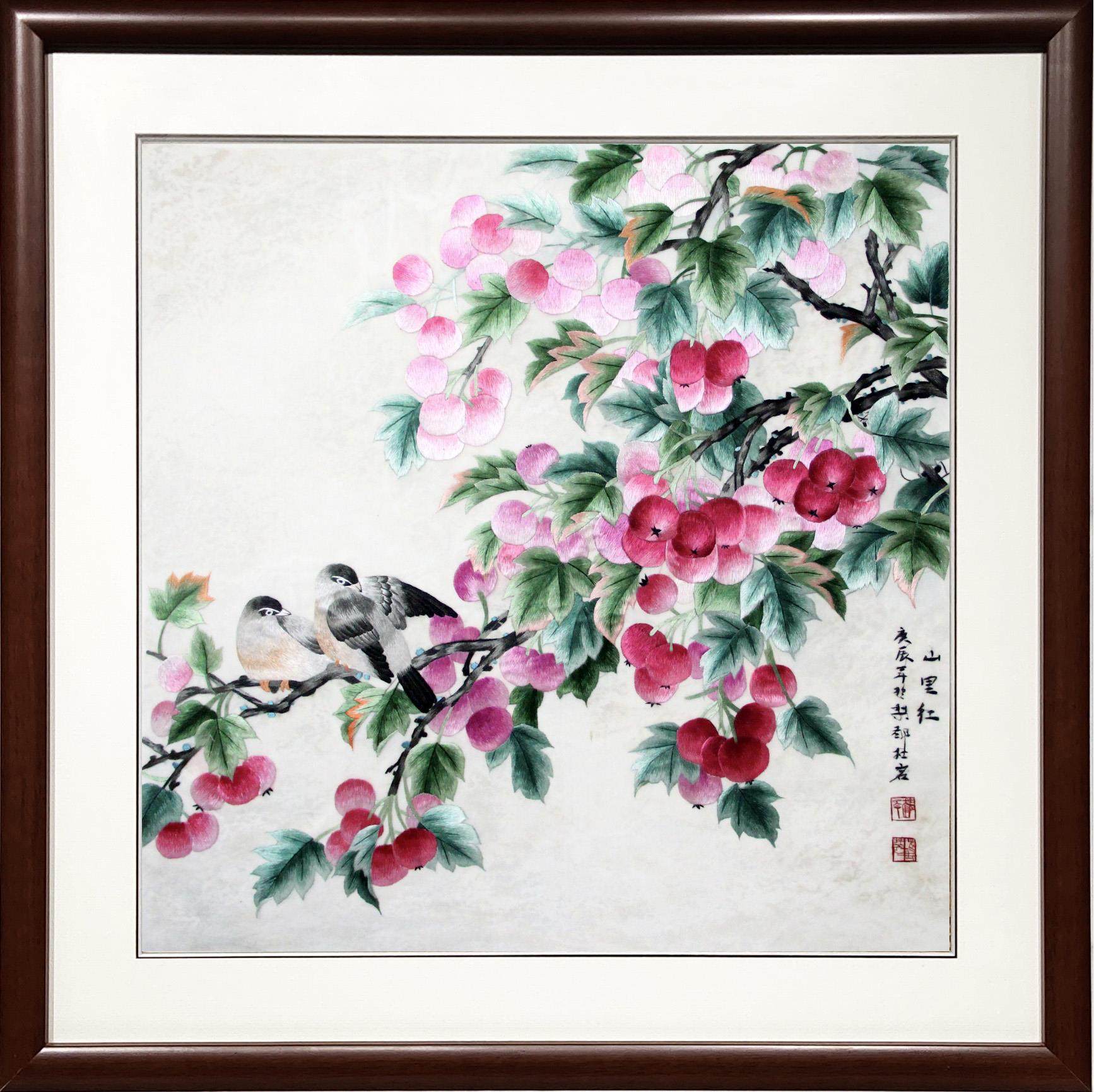 湘绣花鸟画山里红红红火火中式装饰艺术品湘绣