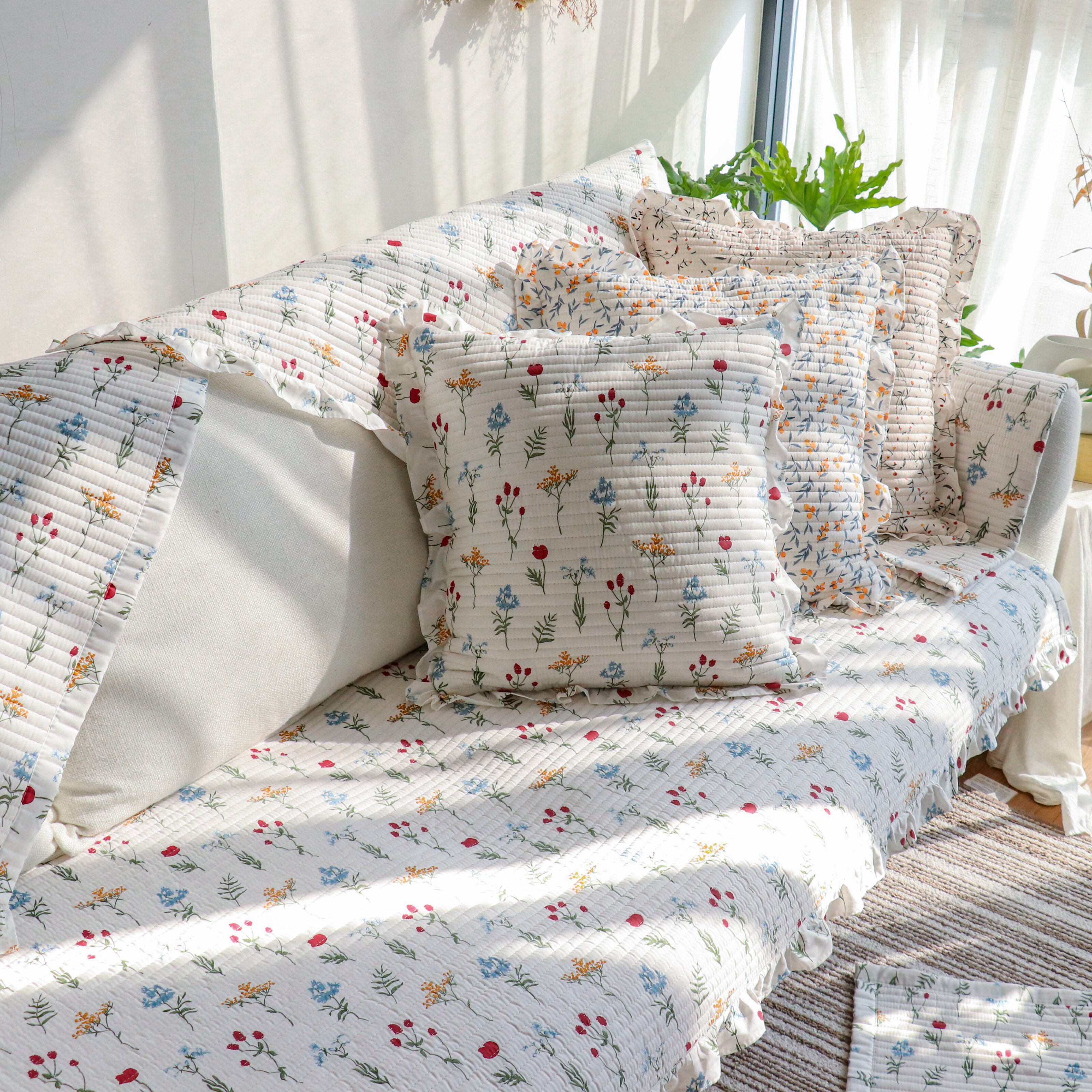 北欧小清新碎花沙发垫套罩巾花边四季通用全棉沙发垫