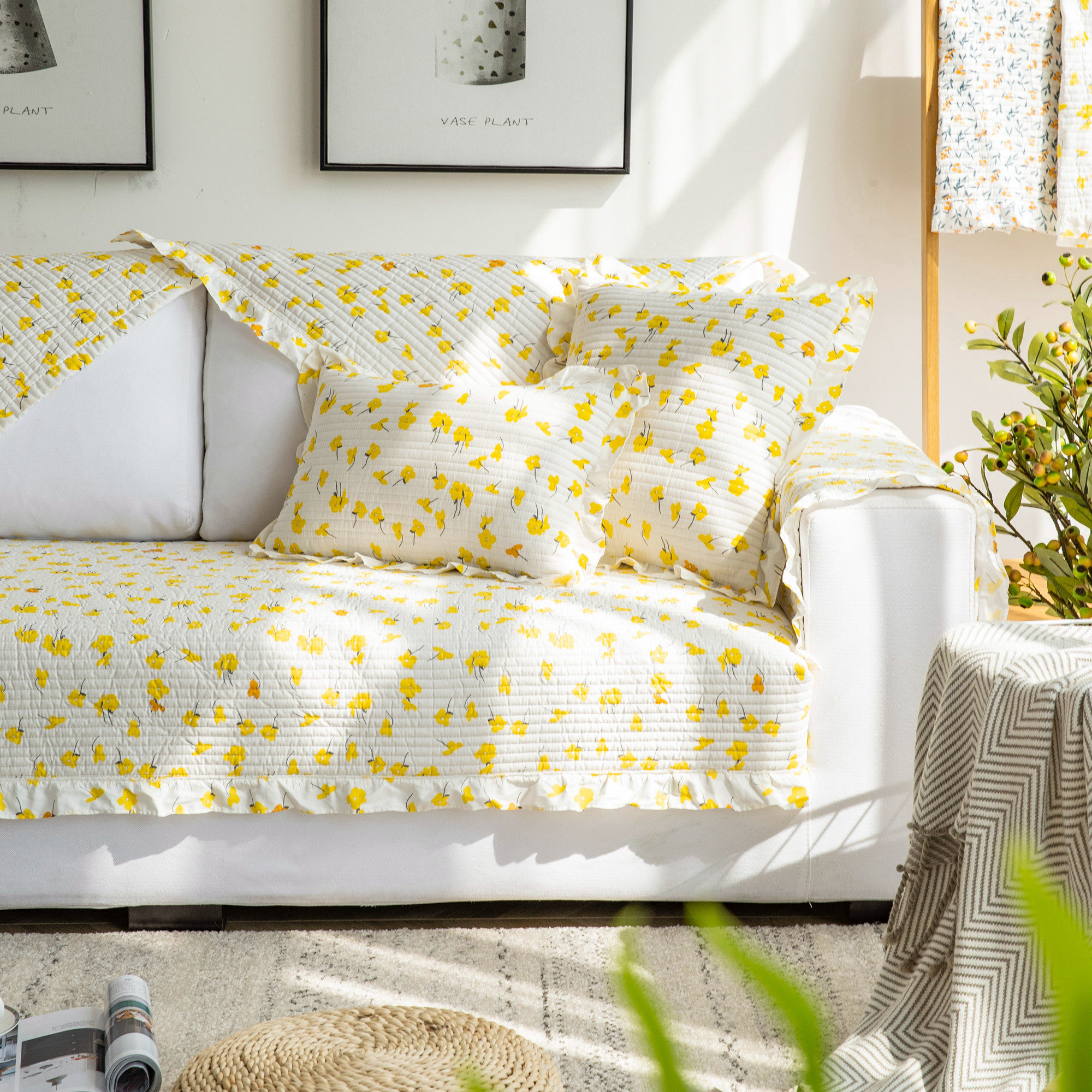 北欧小清新碎花沙发垫套罩巾木耳边四季通用全棉韩式田园坐垫防滑