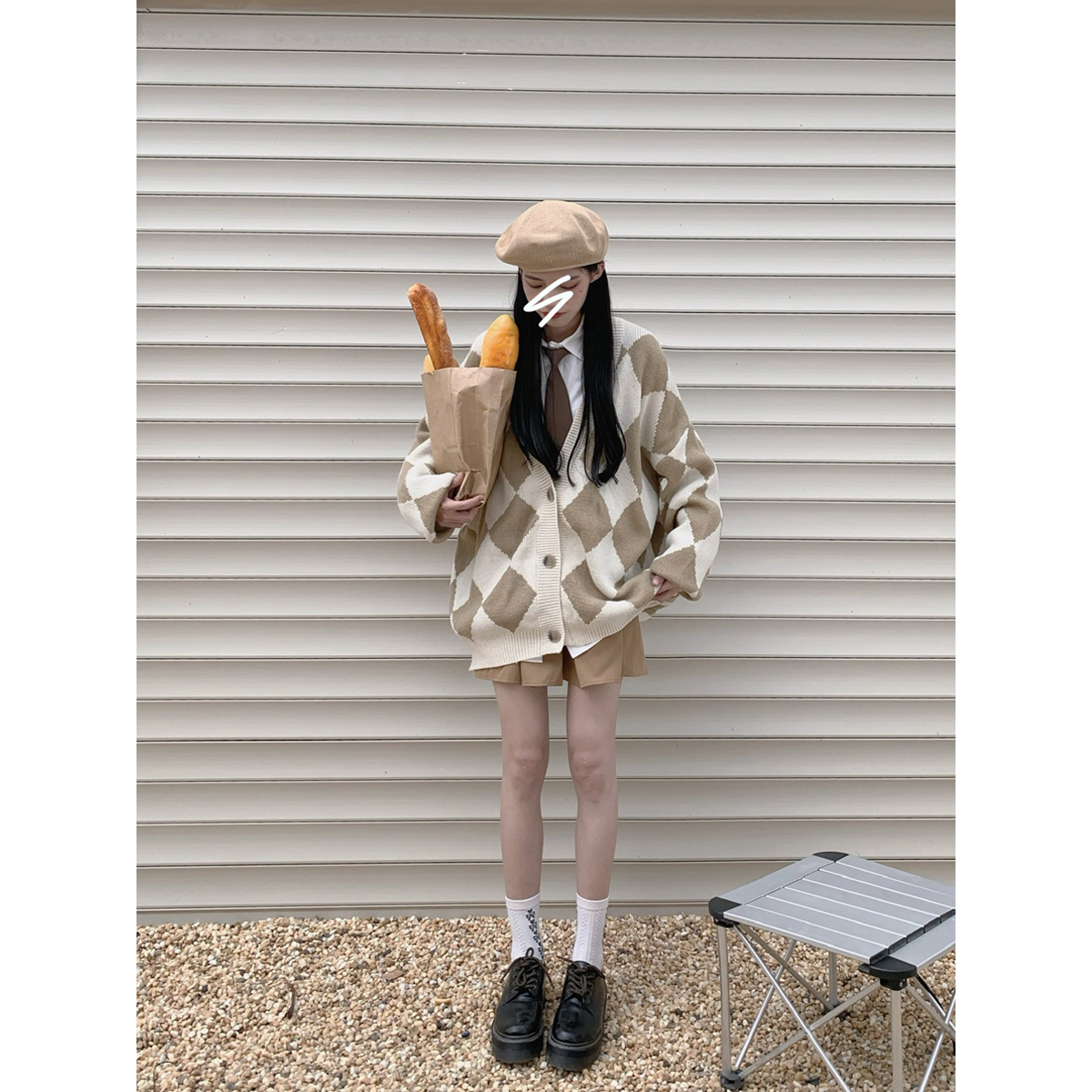 松本丧丧 慵懒风菱格针织衫女宽松2021早秋新款薄款毛衣开衫外套