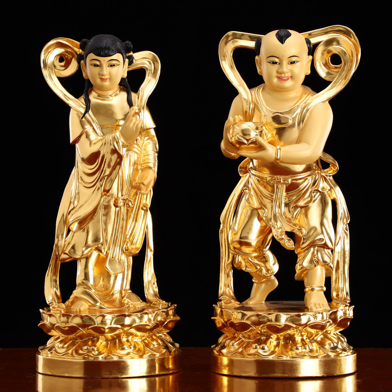 纯铜贴金金童玉女摆件供奉家用客厅观音护法善财摆件