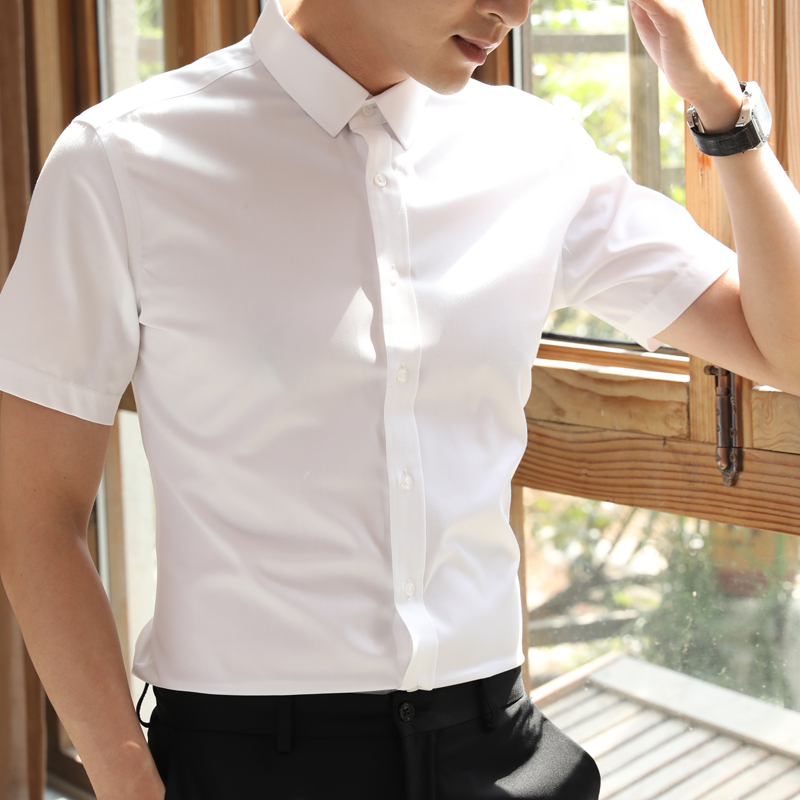 丝光棉夏季纯棉免烫抗皱衬衫男短袖修身商务正装白衬衣上班工作服