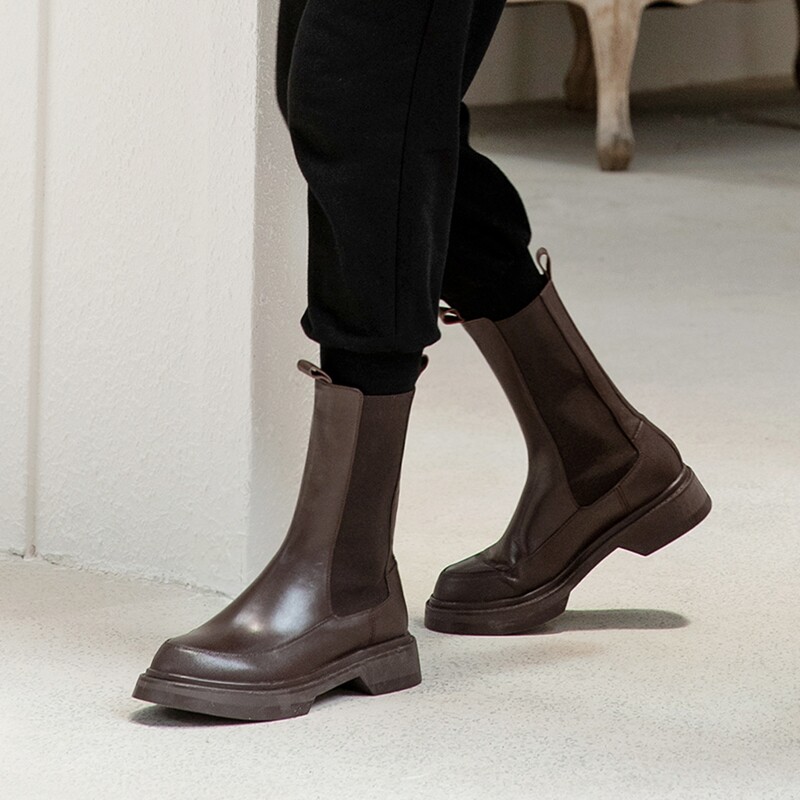 中筒牛皮厚底切尔西靴女西部2021秋冬新款烟筒时装靴