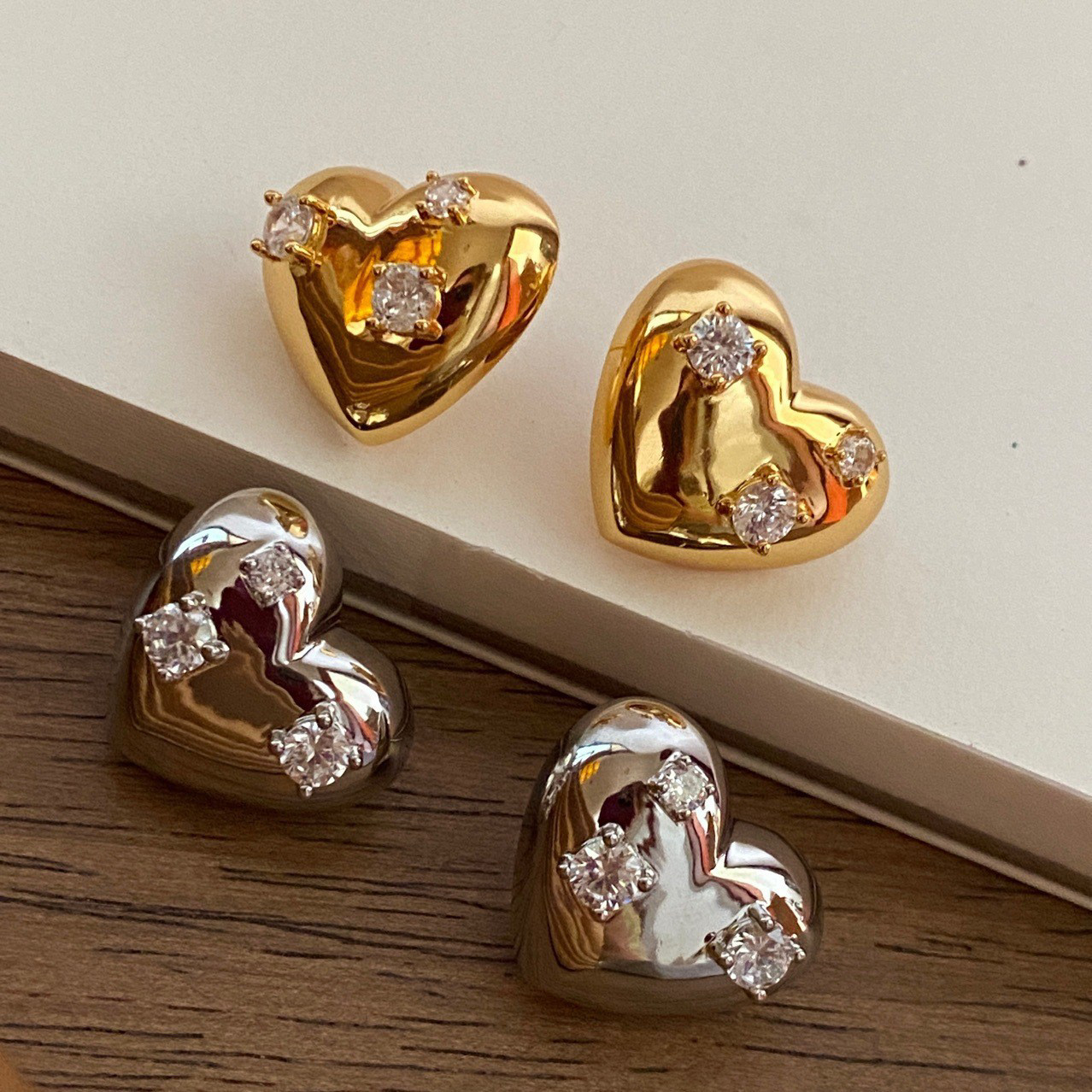 黄铜耳环金耳环24k耳钉银针镶钻爱心金属立体耳钉