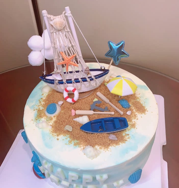 开学帆船小船烘焙蛋糕装饰蓝色海洋船舶一帆风顺船锚节日装扮用品