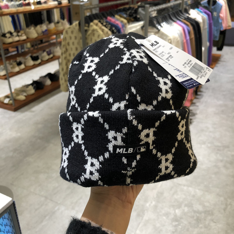 韩国mlb正品代购21新秋冬老花针织帽毛线帽男女情侣百搭潮bnmm2