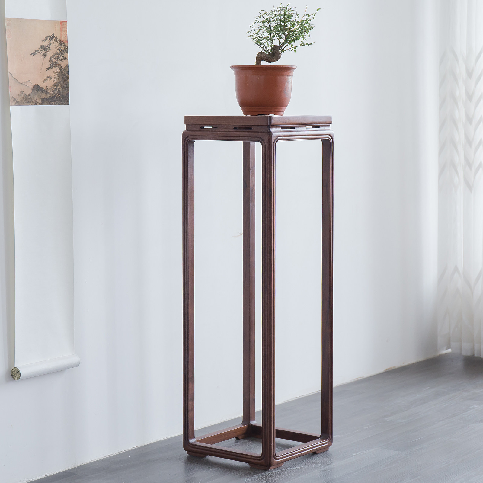 花几实木简约现代禅意新中式1米高花架榆木边几仿古黑胡桃木花几