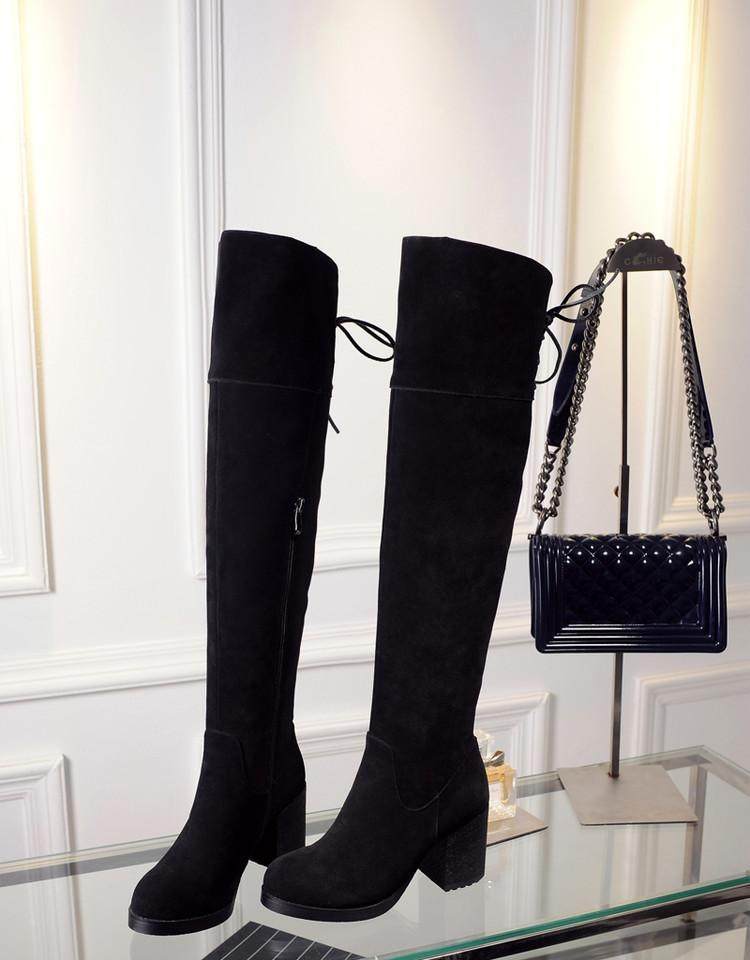 绑带高跟靴子女过膝长靴2020新款粗跟厚底真皮高筒靴全牛皮翻皮靴