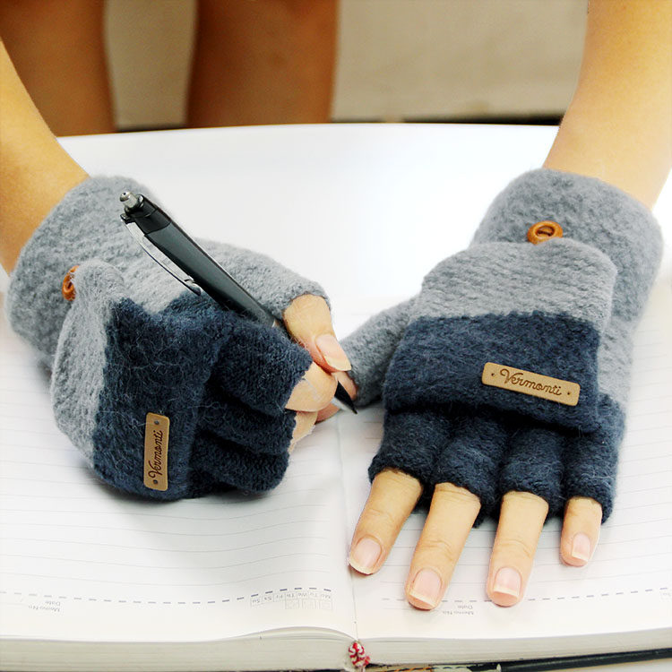 儿童手套冬季半指翻盖针织毛线3-8-16岁五指保暖加厚小孩写字手套