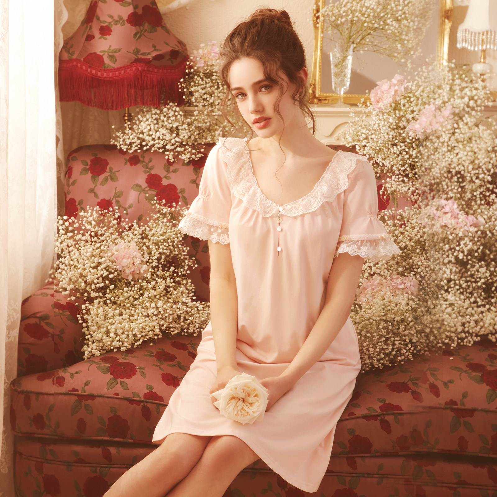 rosetree宫廷睡裙少女夏款纯棉短袖可爱甜美蕾丝睡裙