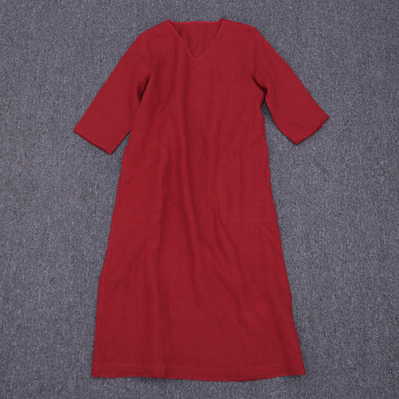 2021秋季新品文艺女装色织亚麻红色领宽松显连衣裙