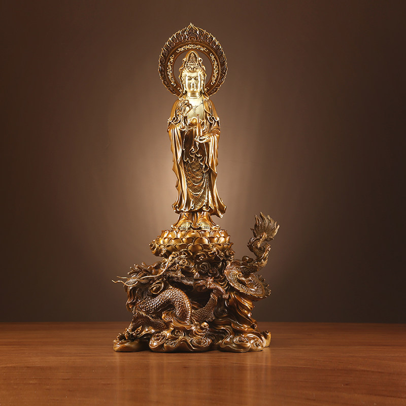 佛像摆件铜欣祥纯铜观音龙上观上观音像佛龛供奉摆件