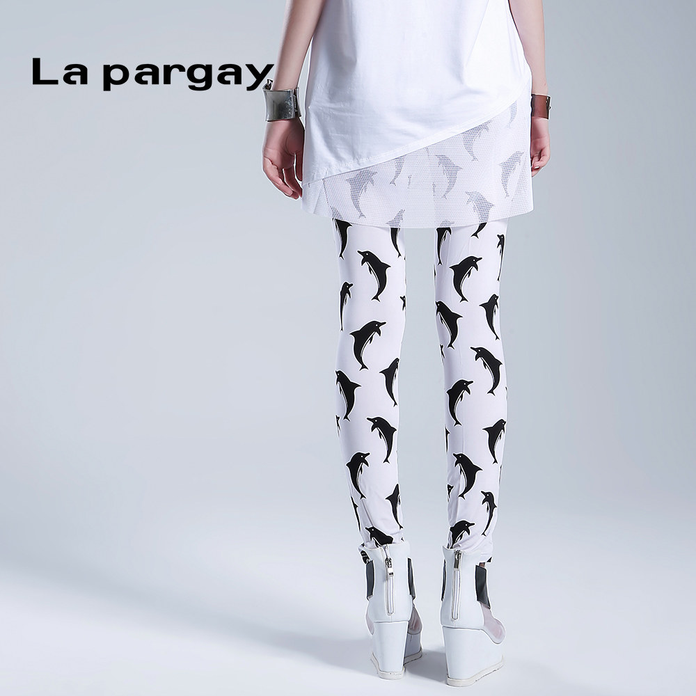 lapargay纳帕新款裤子海豚印花白色紧身打底裤