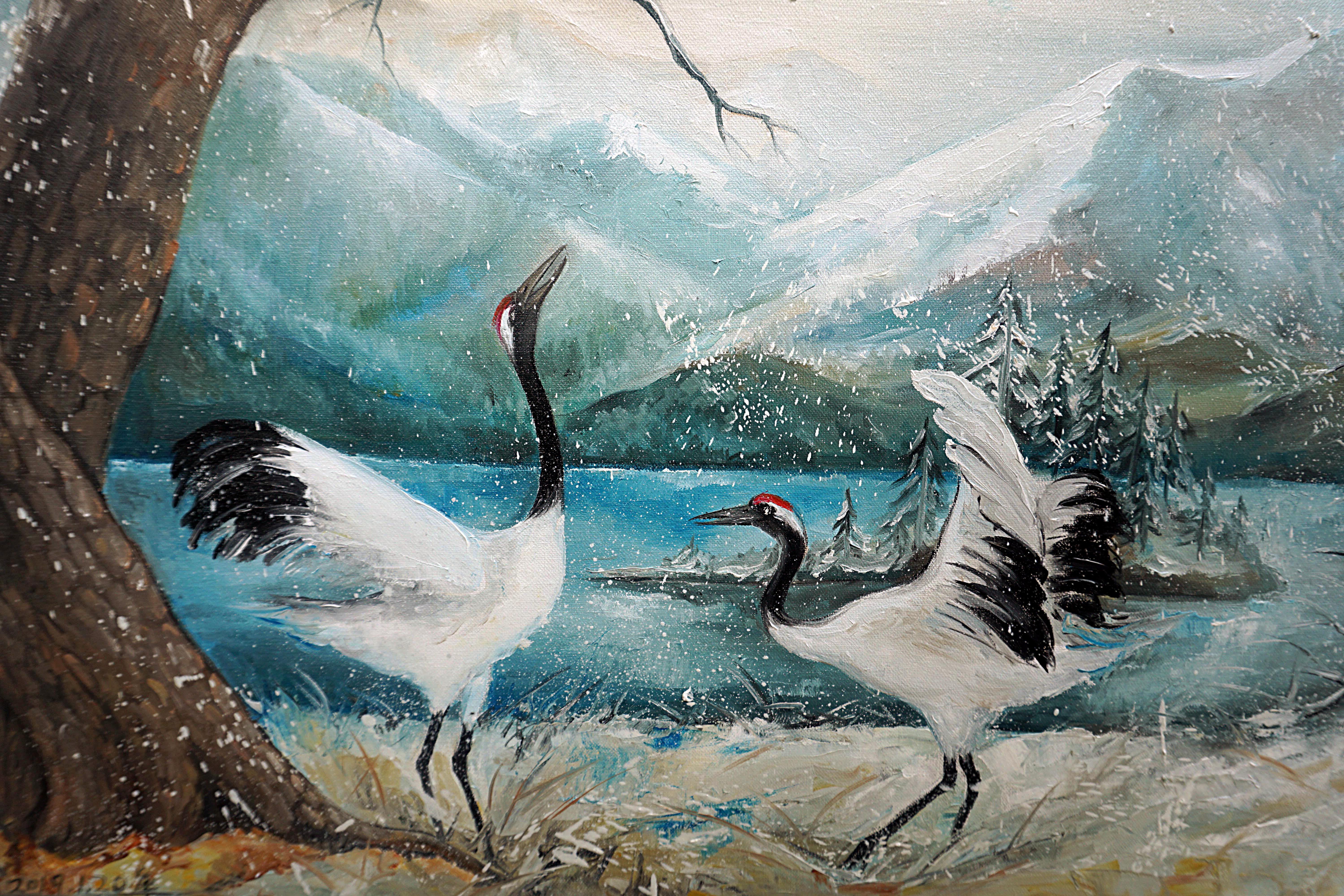 松鹤纯手绘油画松鹤延年风水家居客厅装饰油画定制