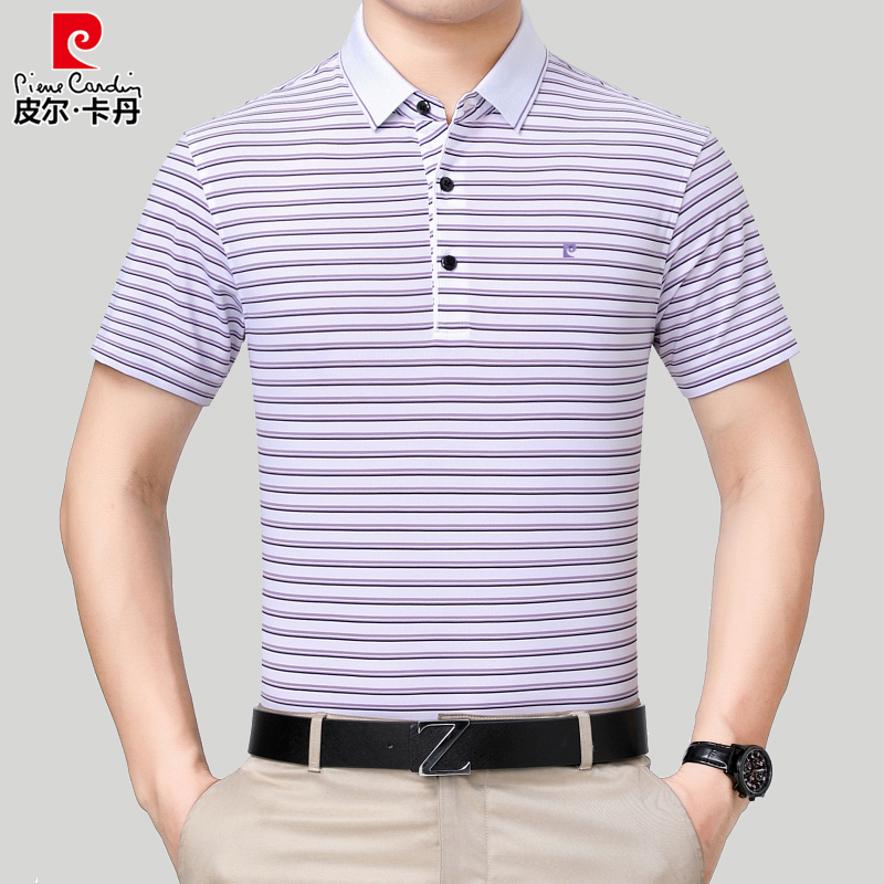 皮尔卡丹夏季中老年桑蚕丝短袖t恤男翻领宽松条纹冰丝大码爸爸装