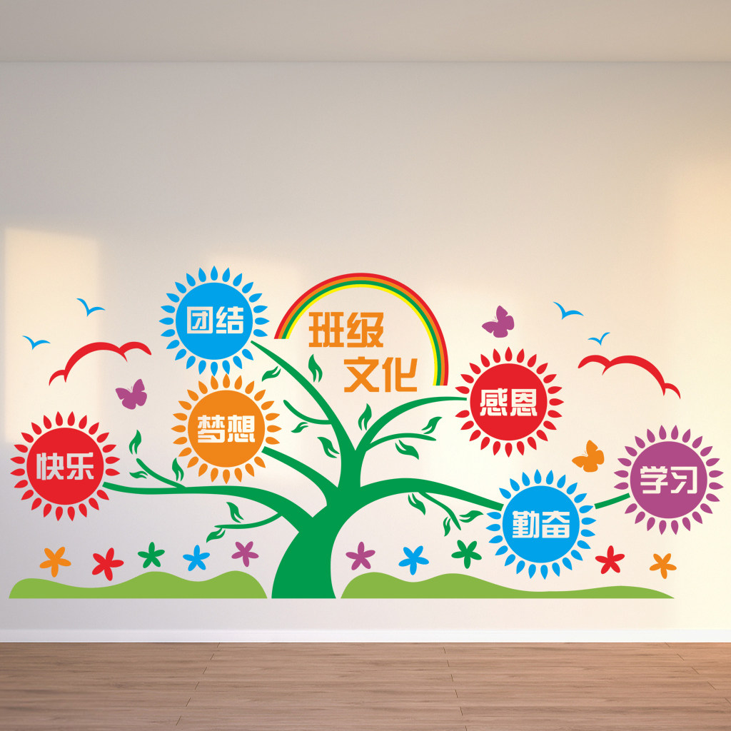 校园文化墙贴学校教室走廊背景装饰墙贴纸团结感恩班级文化树贴画