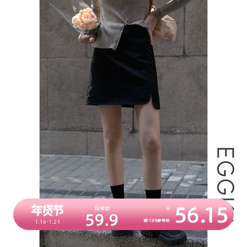 EGGKA黑色西装裙不规则开叉半身裙秋冬新款女高腰显瘦a字裙短裙