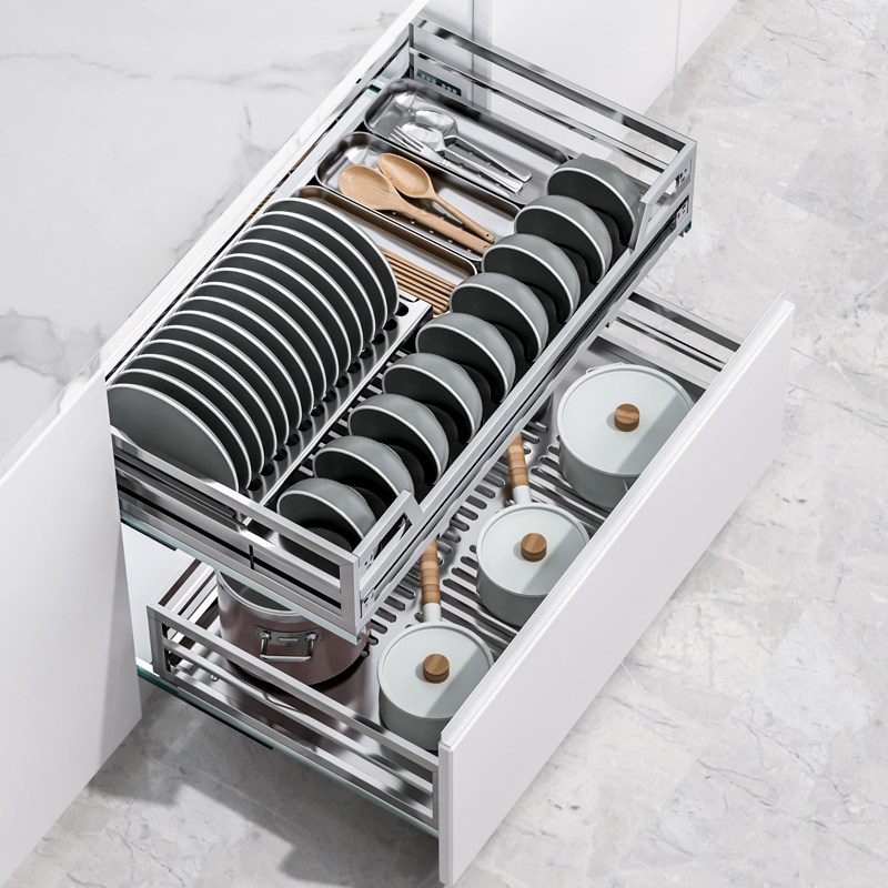 樱花不锈钢拉篮厨房橱柜内置碗篮双层抽屉碗碟拉篮