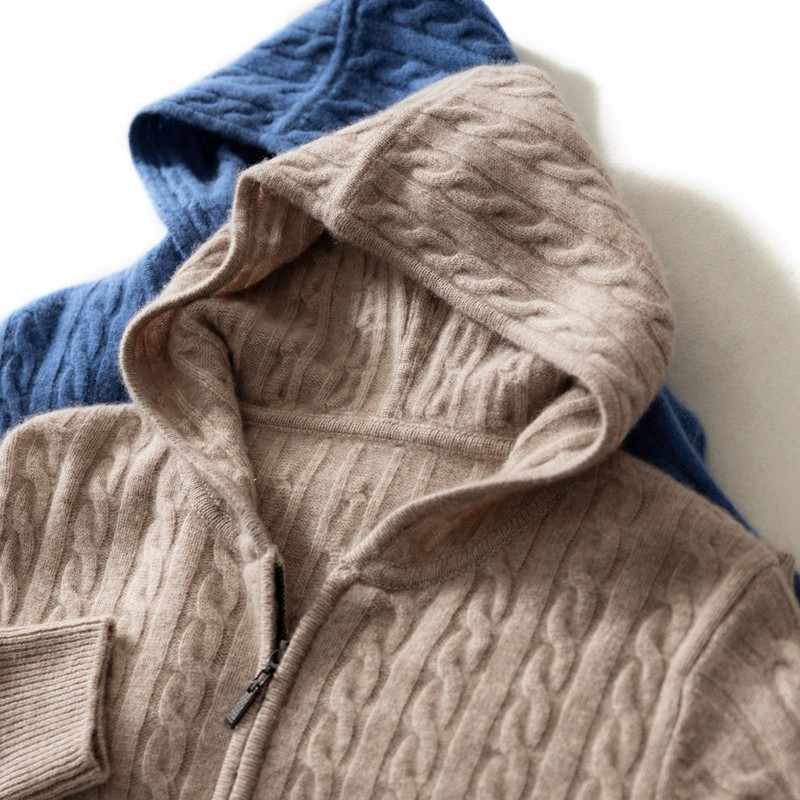 带帽山羊绒开衫男士加厚秋冬季休闲针织衫宽松纯色打底衫大码毛衣