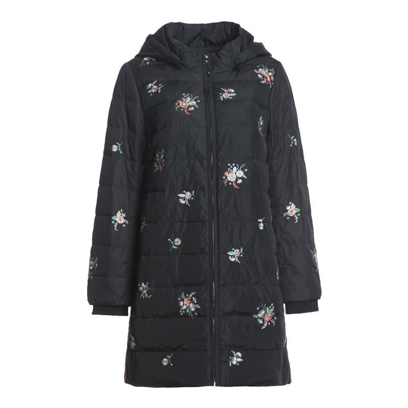 渔牌外套羽绒罗纹绣花连帽鸭绒羽绒服白鸭绒女冬羽绒服