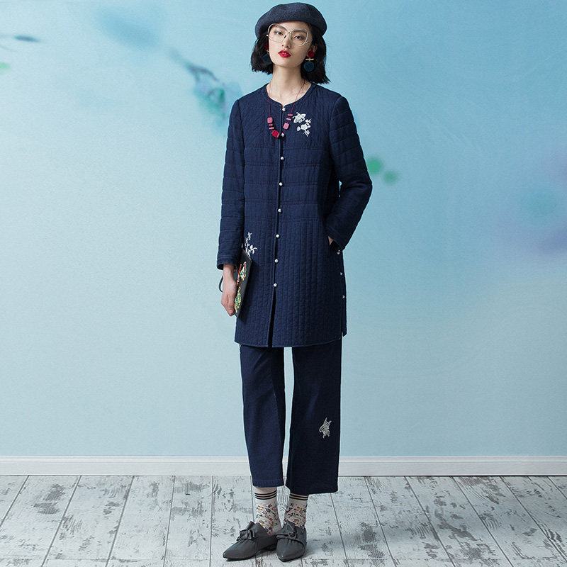 渔牌 香满路 女裤春秋2019新款纯棉牛仔刺绣阔腿裤子八分微喇叭裤