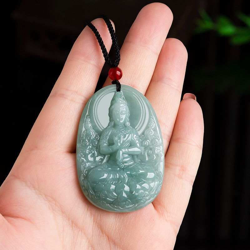 天然缅甸翡翠宝莲观音佛像吊坠冰种菩萨挂绳项坠