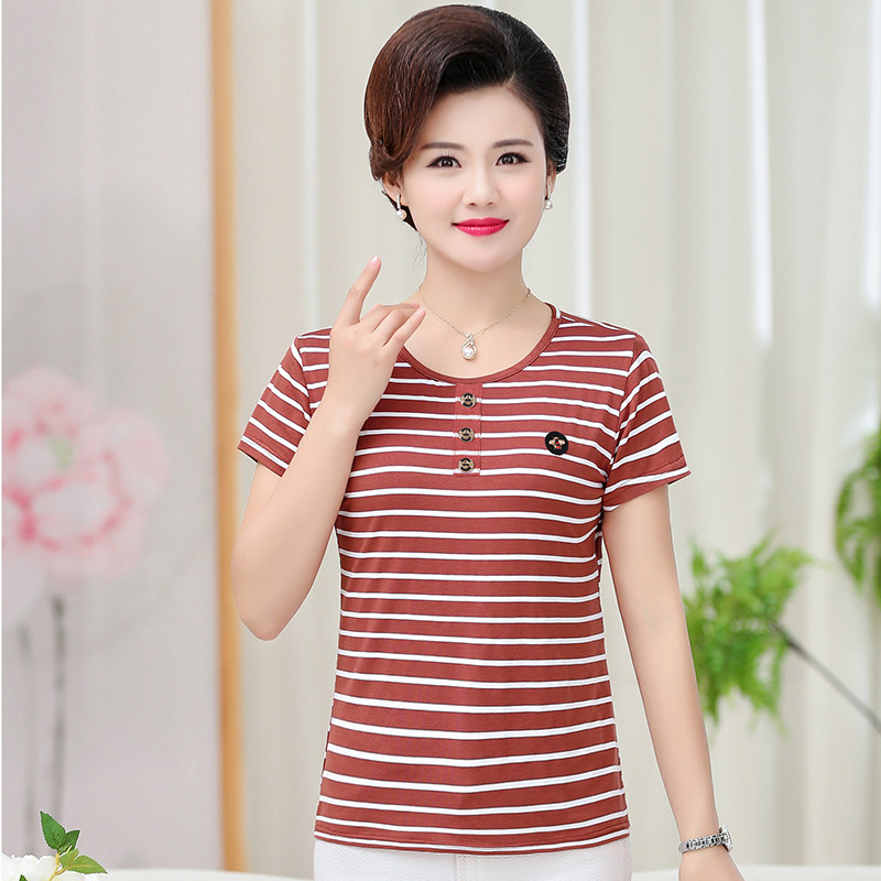 中老年莫代尔棉短袖t恤女中年妈妈40-50岁纯棉条纹半袖衫夏季上衣