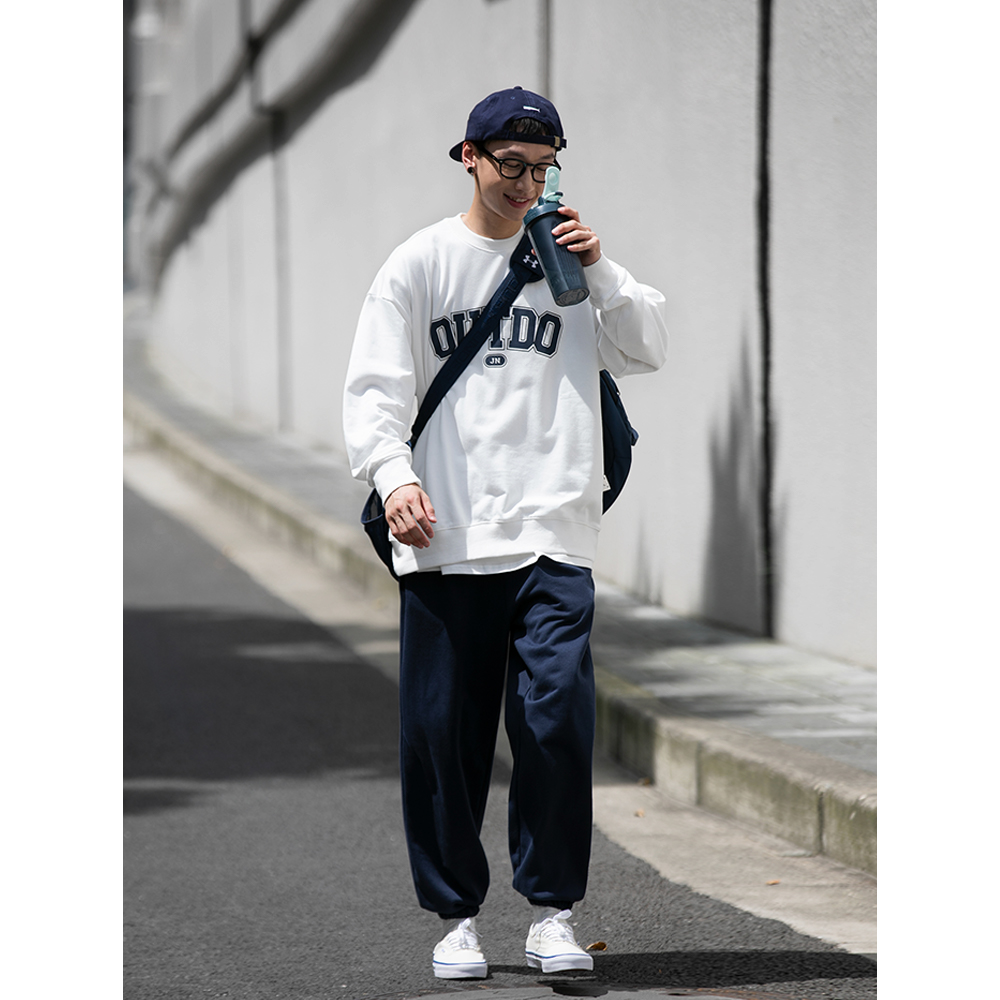 Bellken 21AW 复古CityBoy日系字母印花情侣装圆领套头卫衣男潮牌