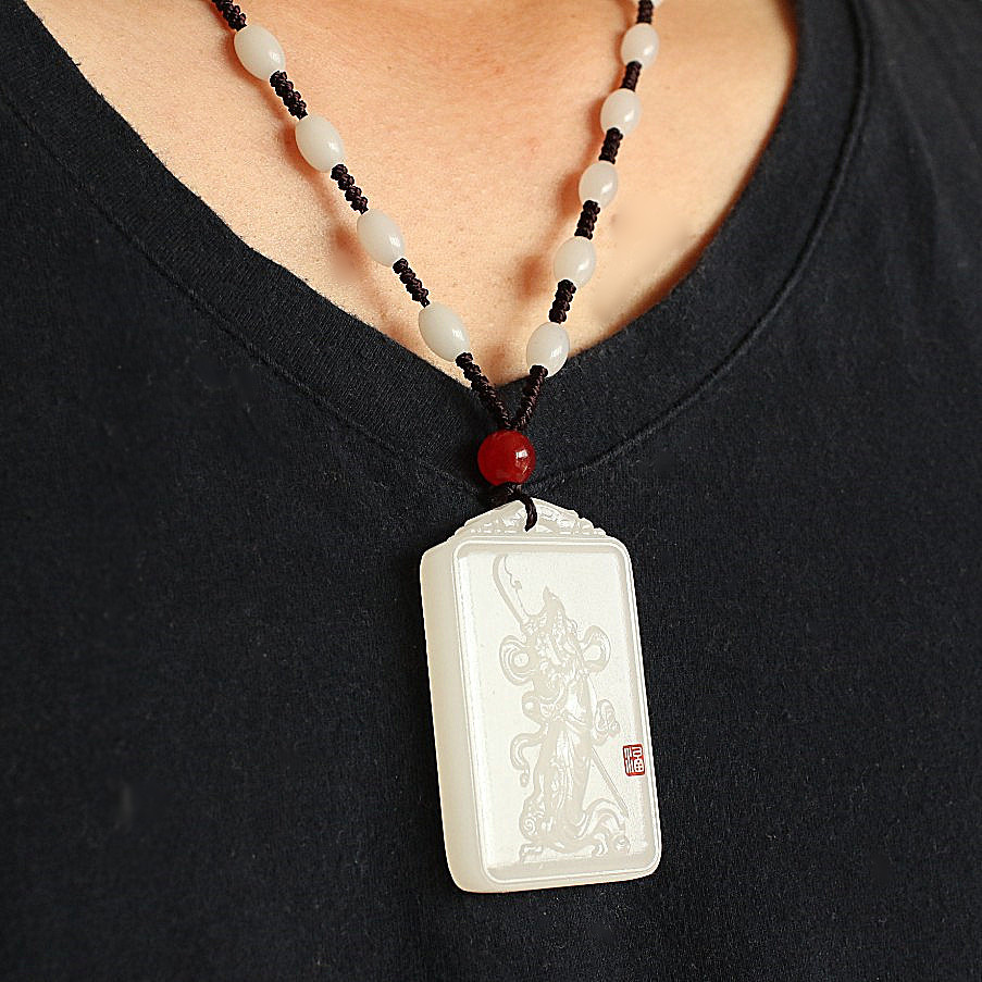 天然白玉武财神关公男士玉吊坠关羽玉牌玉石项链挂件玉坠 送男友