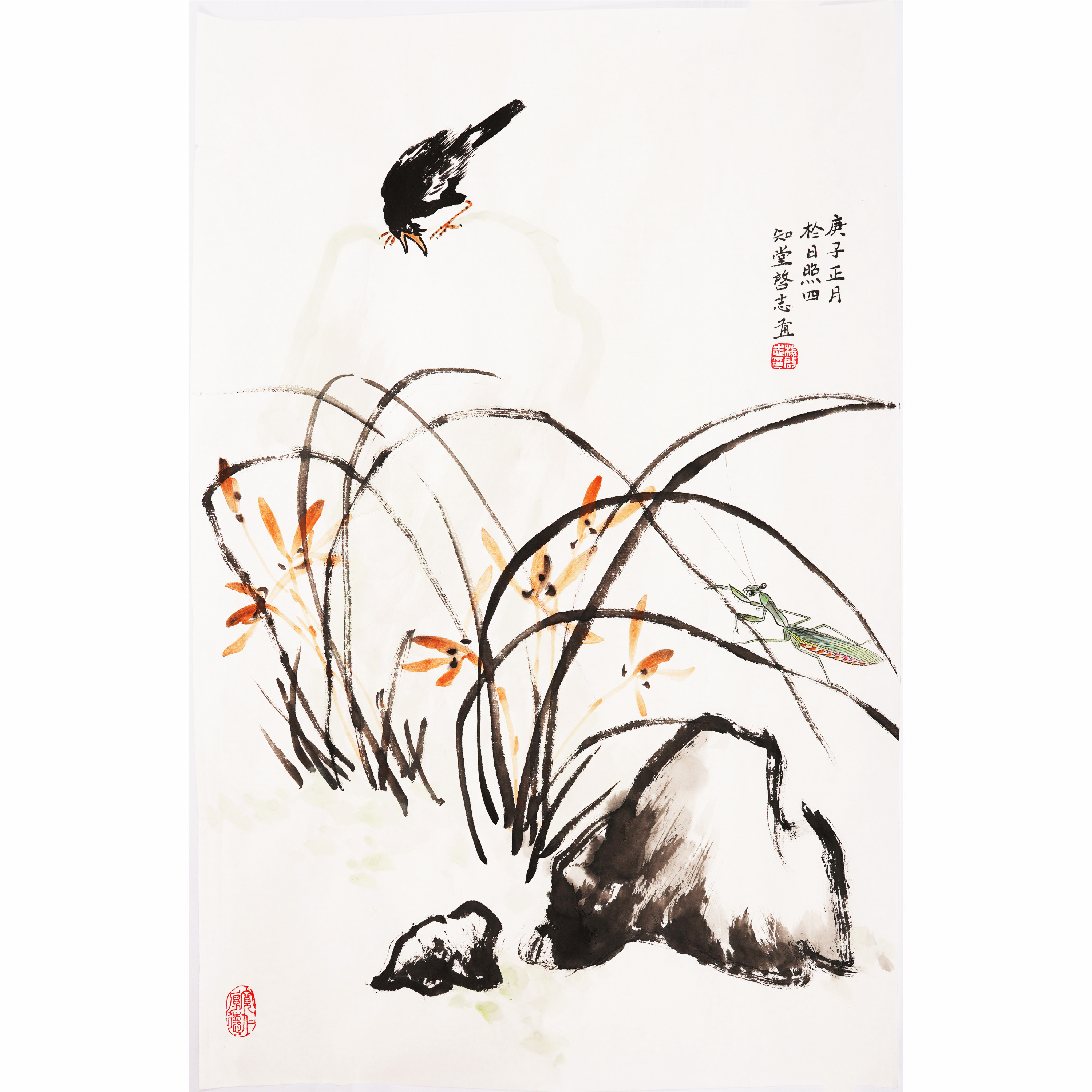 国画水墨画梅花竹子手绘花鸟画齐派小虫玄关装饰画国画