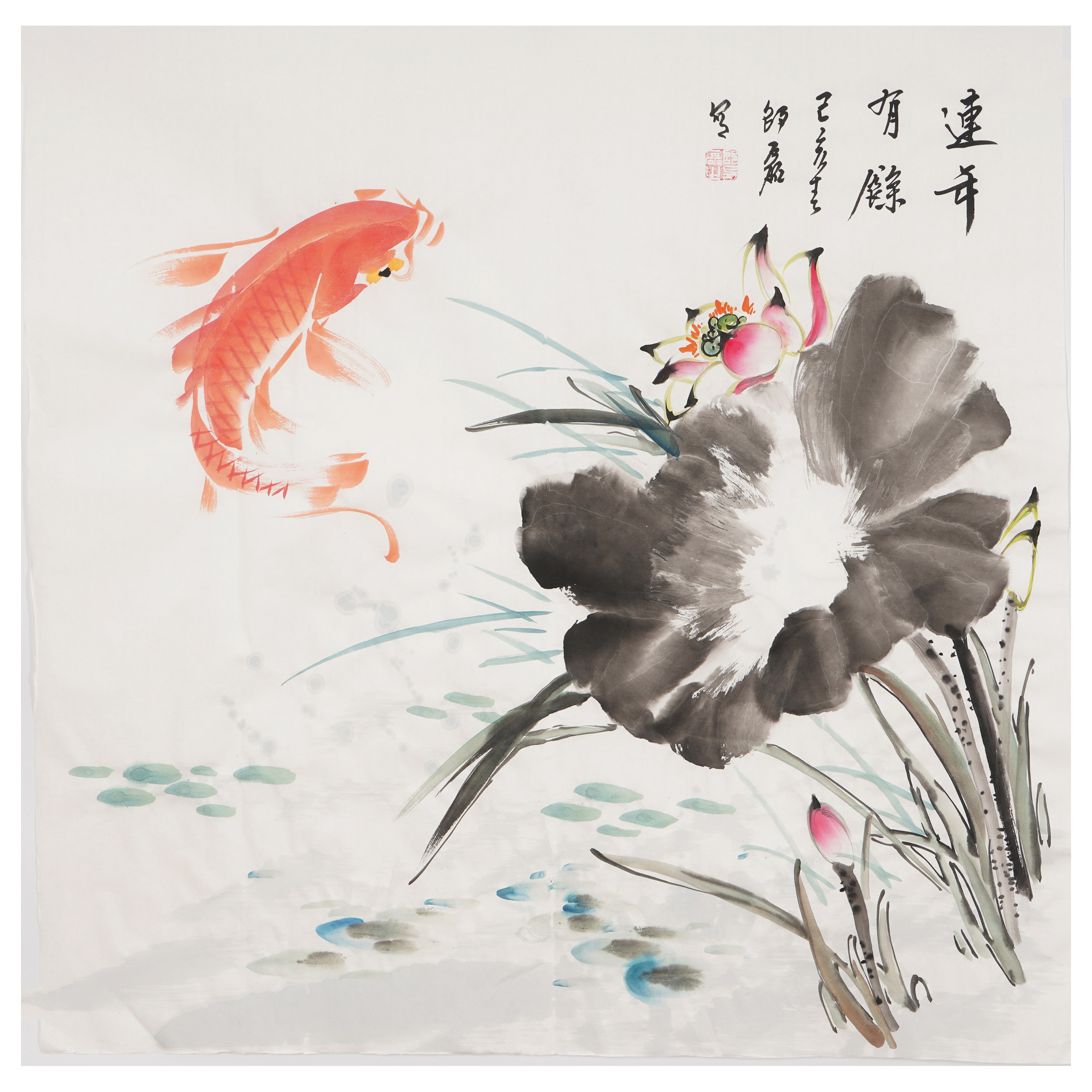 国画斗方手绘荷花紫藤牡丹鱼水水墨画客厅餐厅国画
