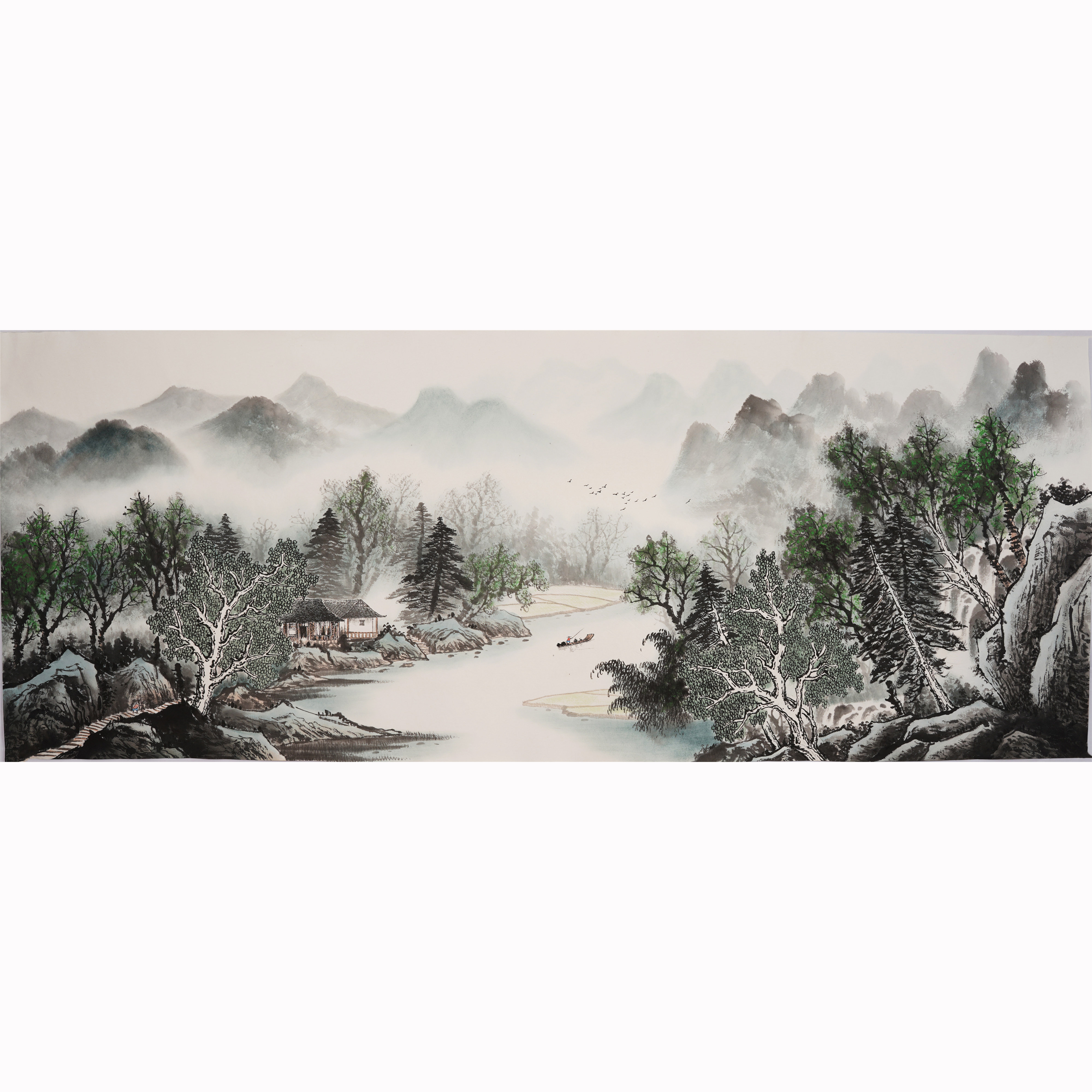 六尺淡彩山水画中式客厅装饰画手绘国画国画