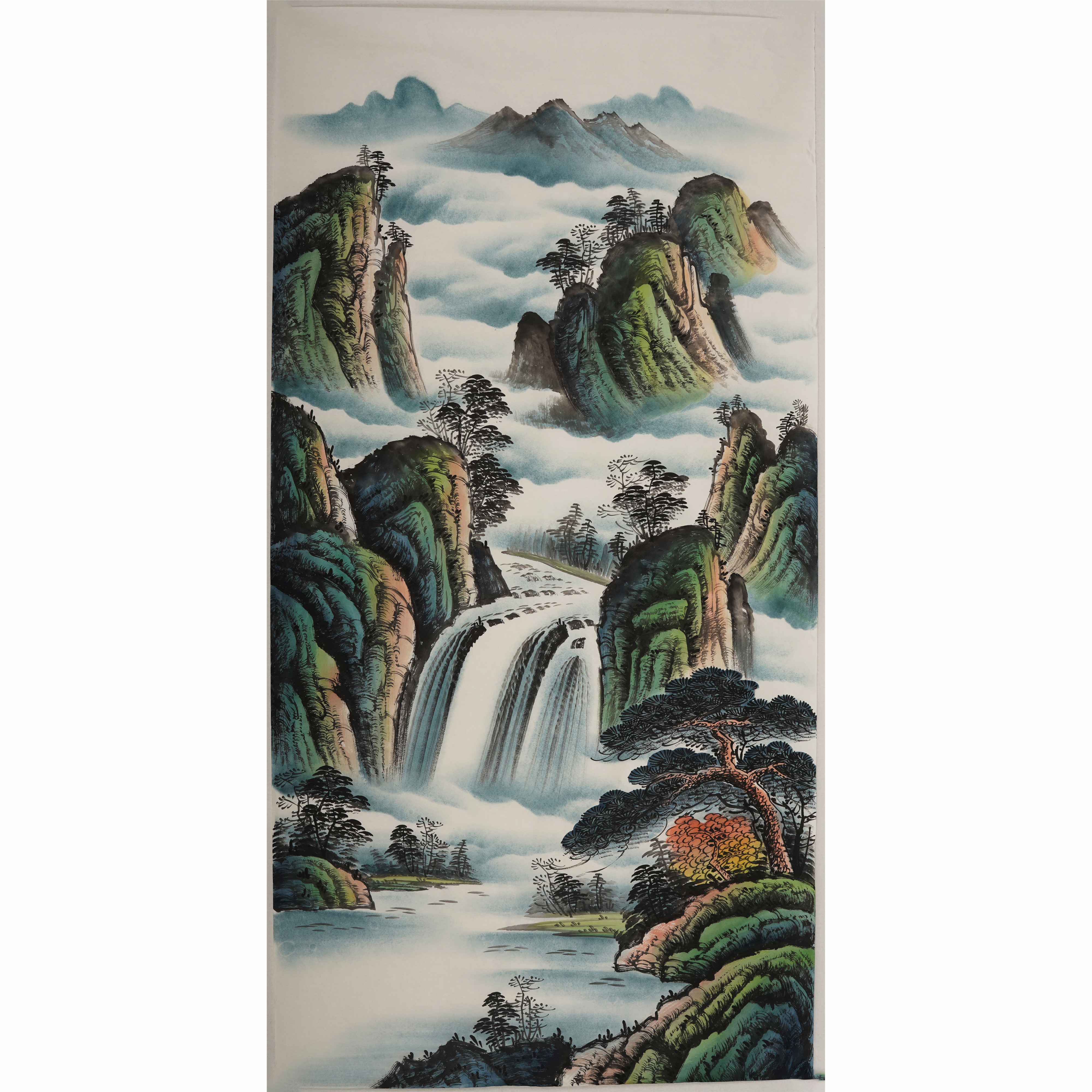 装饰画中堂玄关题款手绘国画竖款山水画青绿无款国画