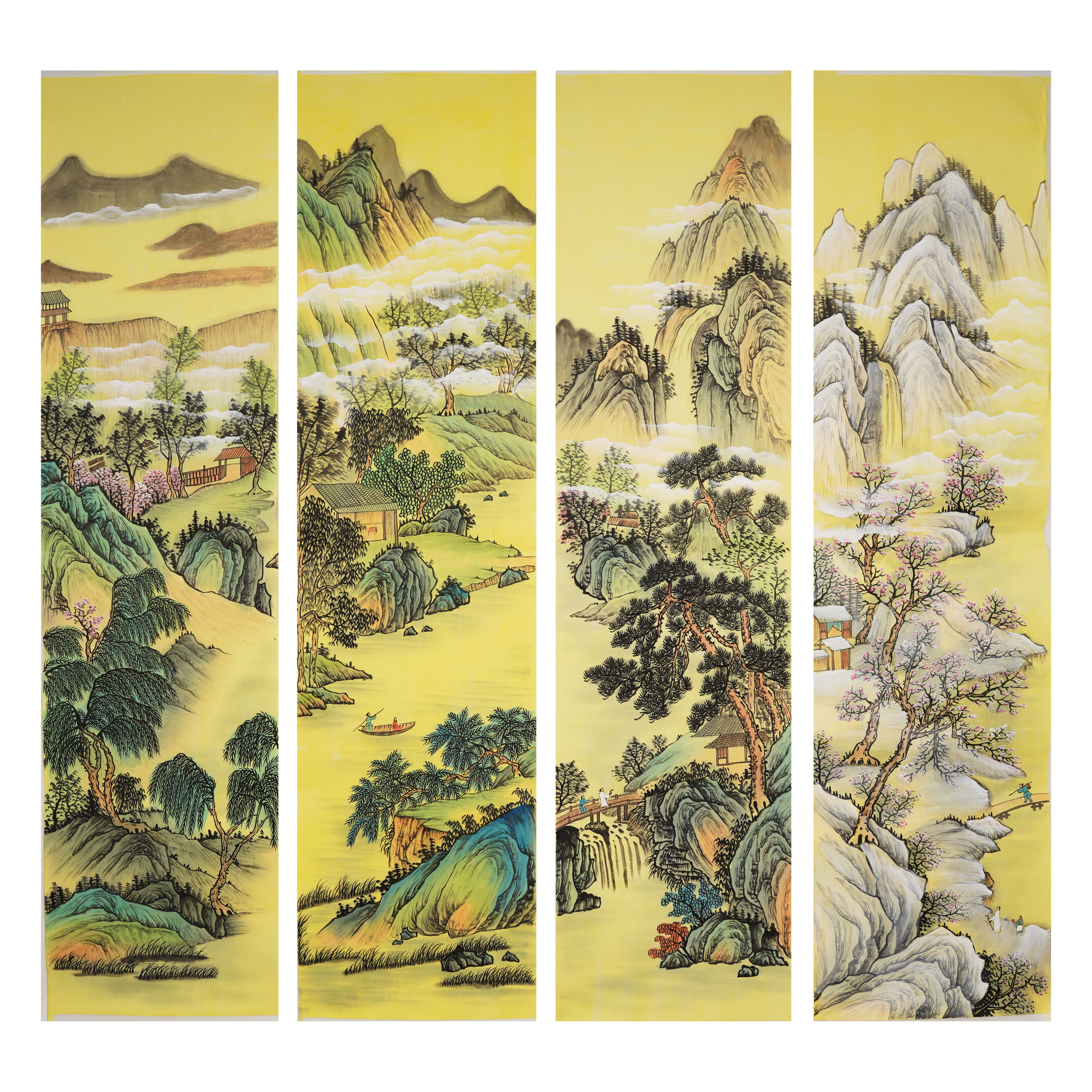 春夏秋冬水墨画题款画没无款国画四条手绘山水画四扇国画