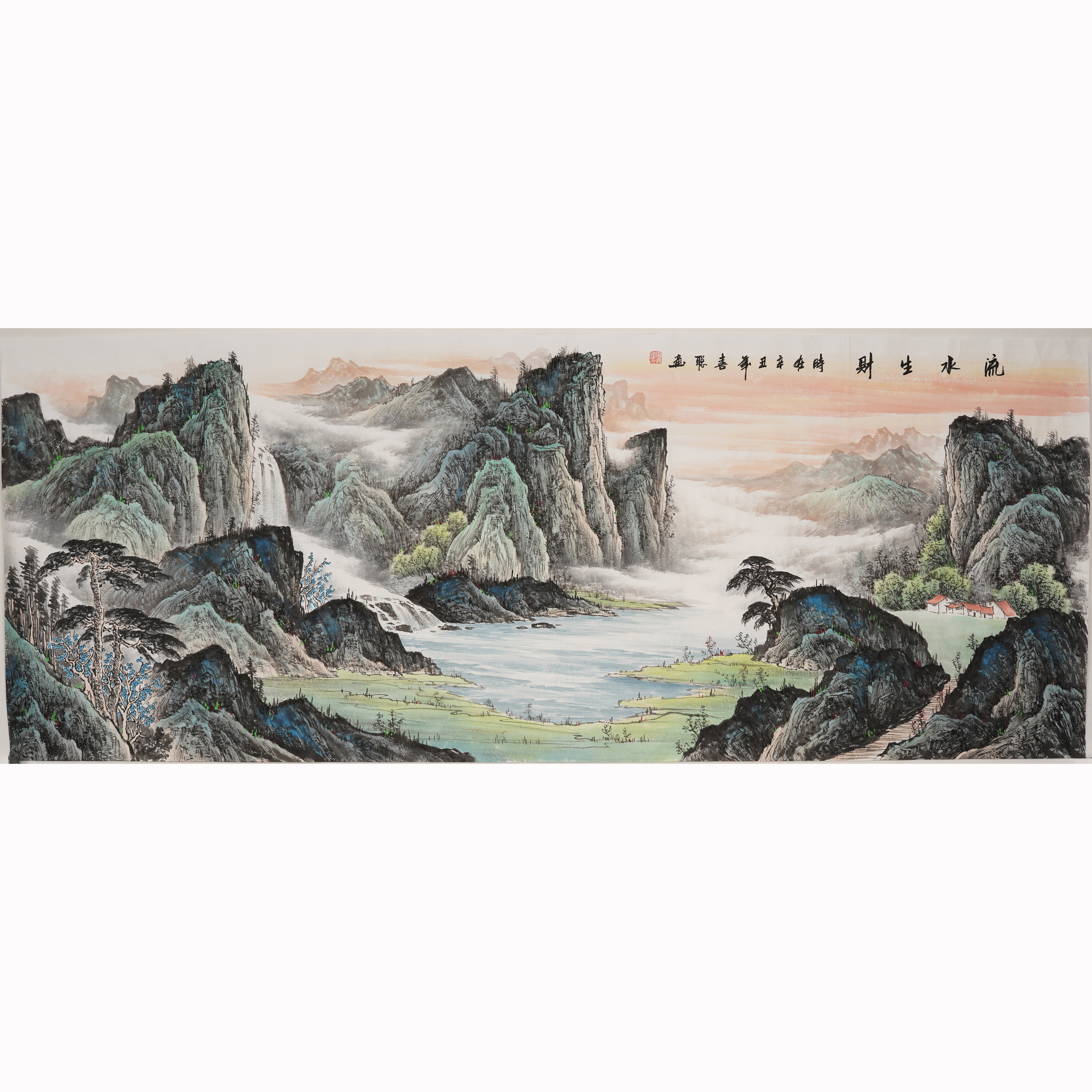 中式手绘精品装饰画客厅挂画办公室山水画六尺聚宝盆国画